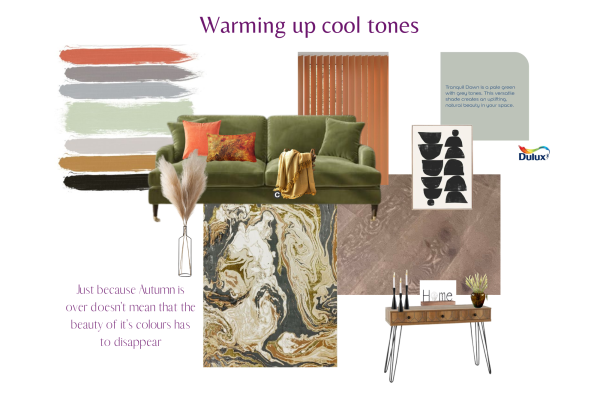 Warming up cool colours interior design moodboard. Grey, burnt orange, olive green.